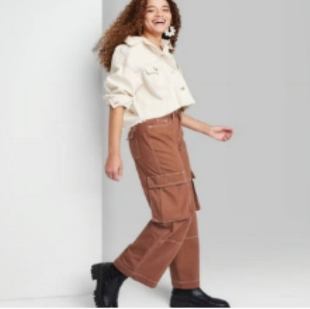 Wild Fable Mid-Rise Cargo Baggy Wide Leg Utility Jeans Brown Women's 2